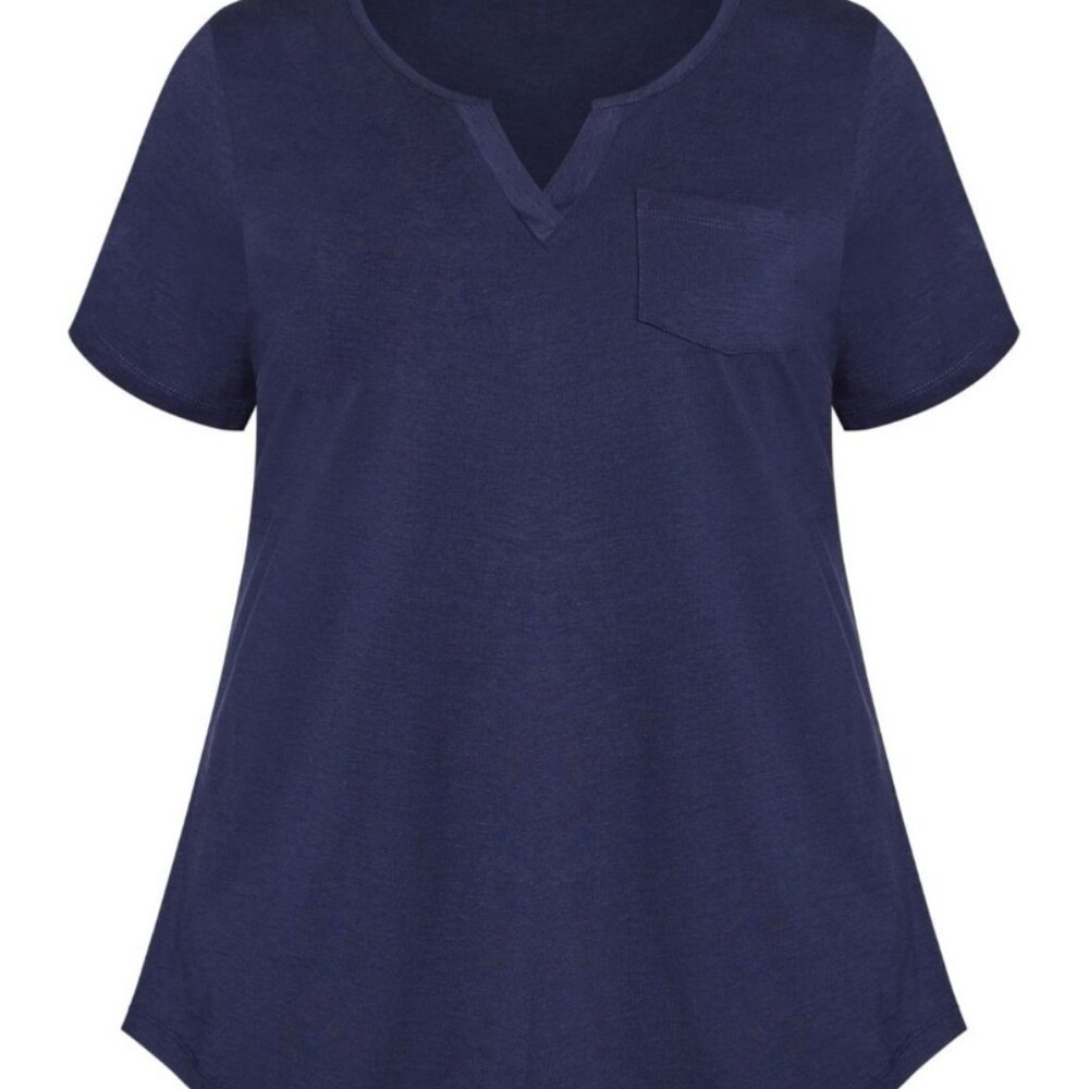 Women's Plus Size Split Neck Top-Short Sleeve The Avenue Steel  Size 26/28 NWT